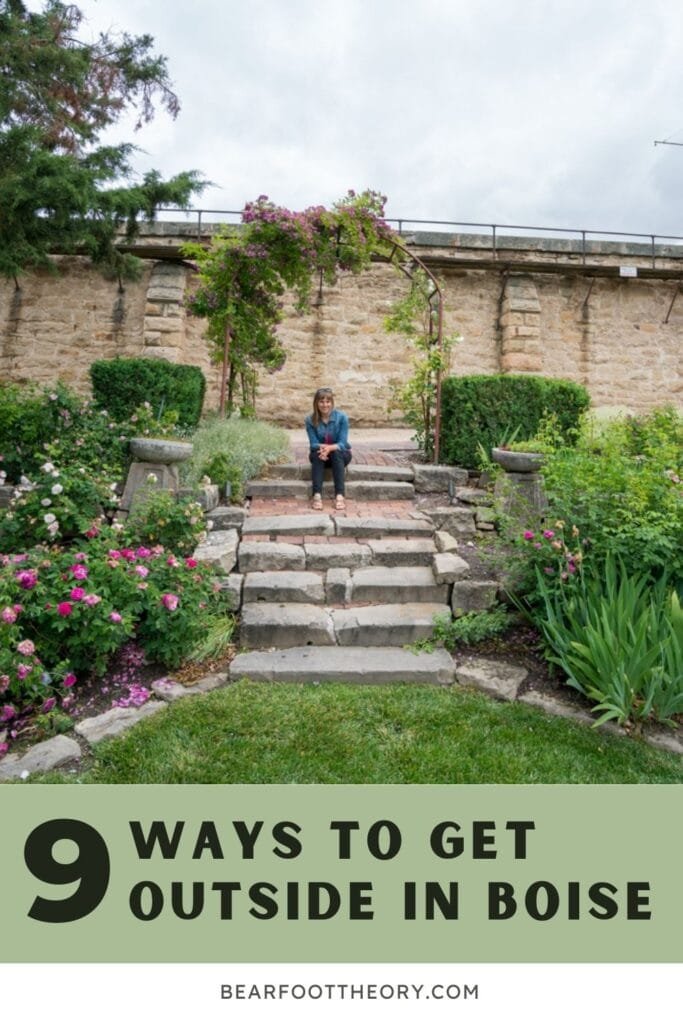 Alaina Hermiston sitting on steps at the Idaho Botanical Garden. Text reads 9 ways to get outside in Boise.