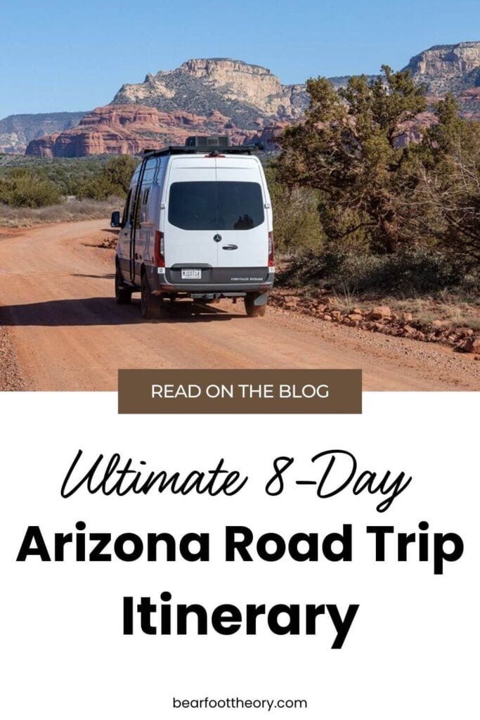 Pinterest image of a white van on red dirt road in Sedona. Text reads "Ultimate 8-Day Road Trip Itinerary"