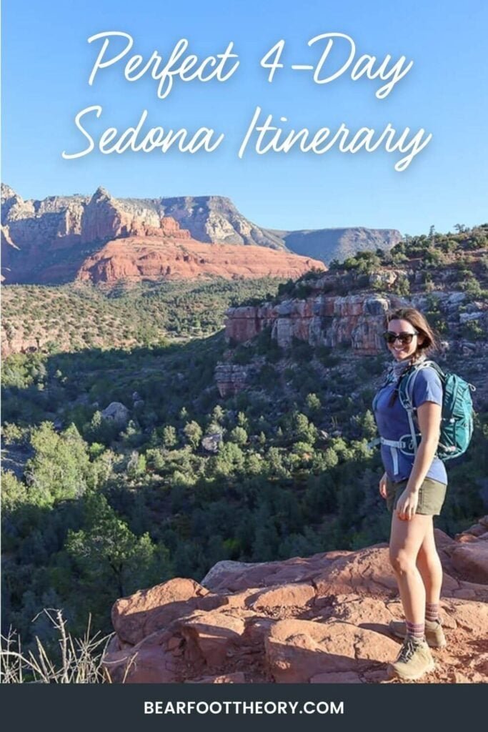 Pinnable image of woman standing at scenic overlook in Sedona. Text reads "Perfect 4-Day Sedona Itinerary"