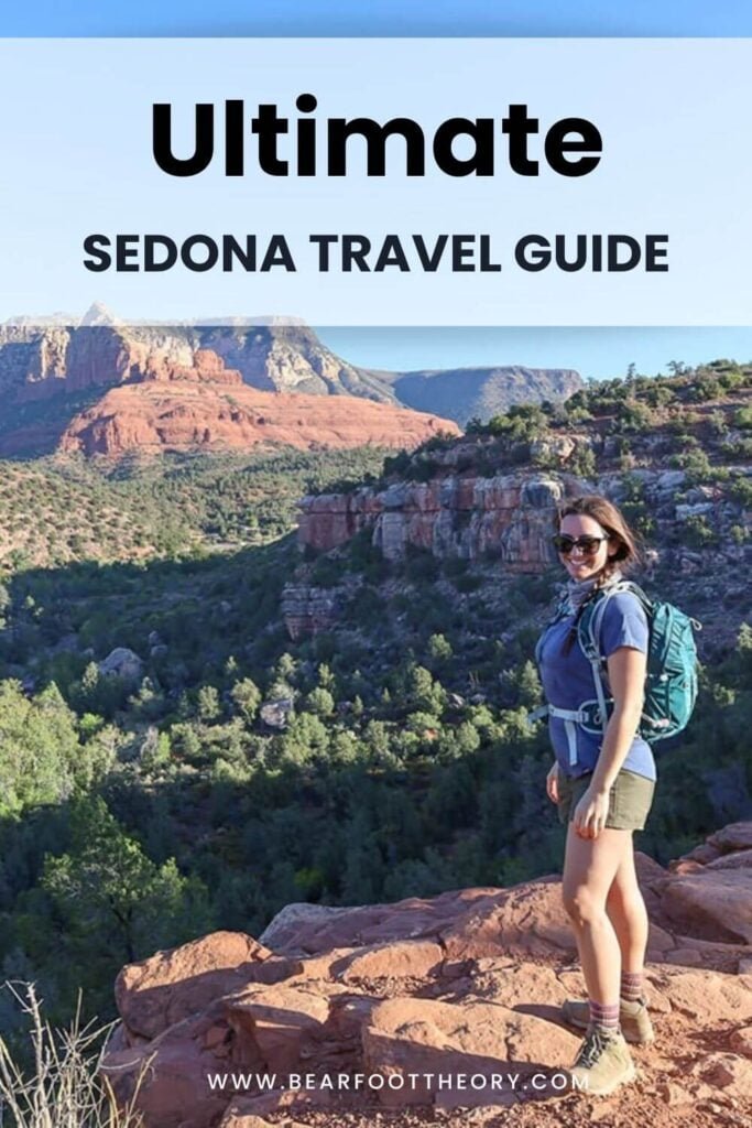 Pinnable image of woman standing at scenic lookout in Sedona. Text reads "Ultimate Sedona Travel Guide"