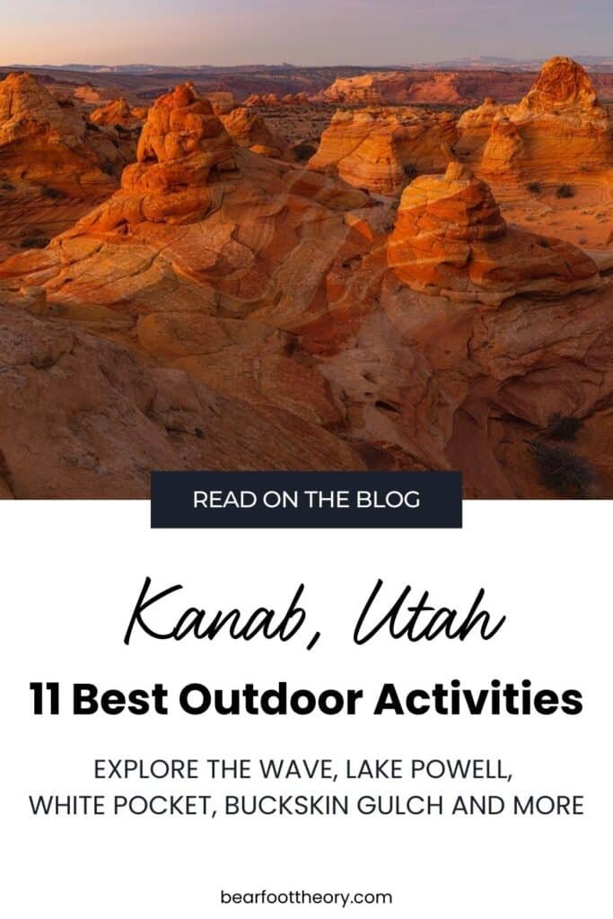 Image of the Wave geological formation with the words "Read on the blog - Kanab utah - 11 Best Outdoor Activities - Explore the Wave, Lake Powell, White Pocket, Buckskin Gulch and more on bearfoottheory.com"
