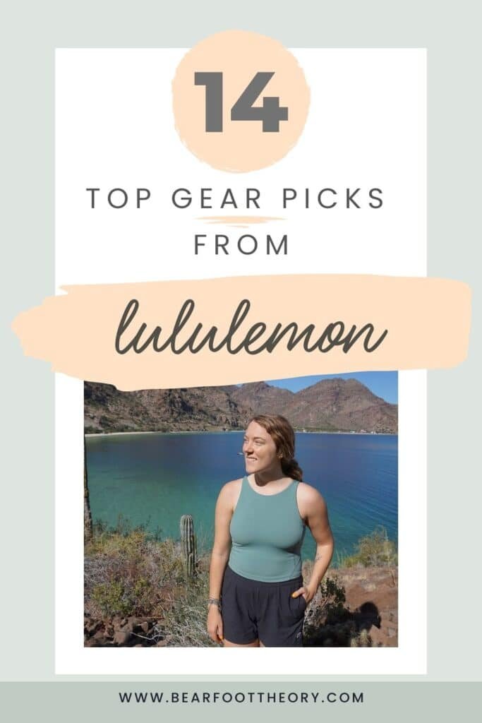 Woman standing in front of bay in Baja, Mexico wear a tank top. Text reads "14 top gear picks from lululemon"