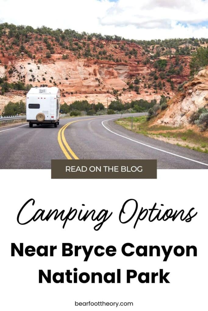 Pinnable image of a white RV driving down a highway near Bryce Canyon with text for camping options near Bryce Canyon.