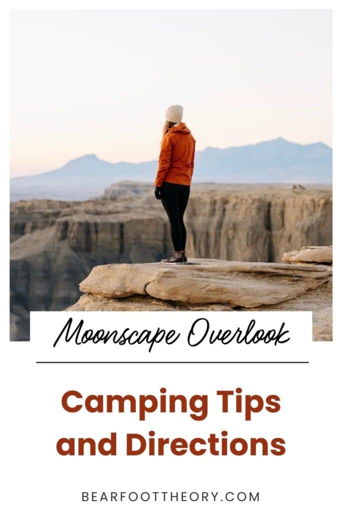 Pinterest image with a photo of a female standing on the edge of Moonscape Overlook in Utah
