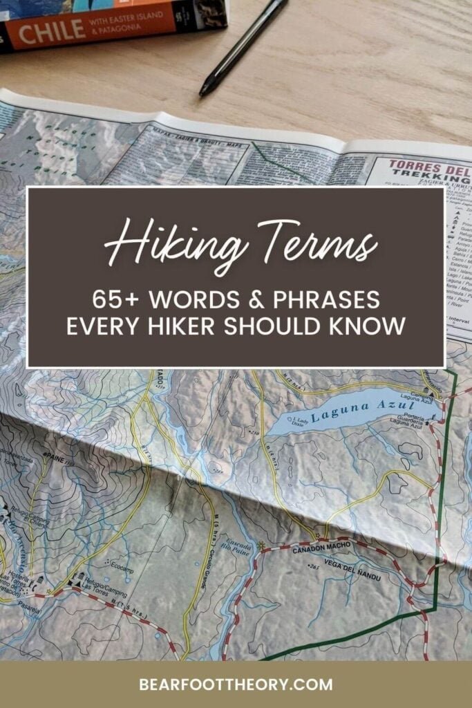 Pinnable image of topo map laid out on a table. Text reads "Hiking terms: 65+ words and phrases every hiker should know"